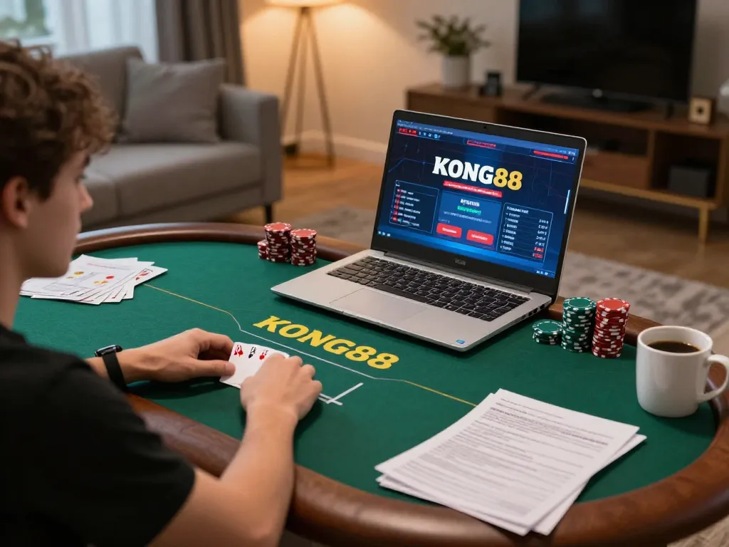 KONG88 player strategizing during an online poker game in a cozy living room environment
