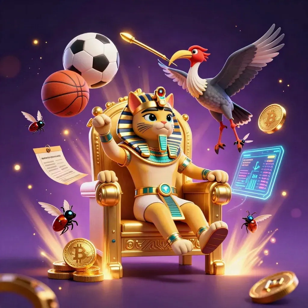 Pharaoh cat, ibis and scarabs amid soccer and basketball chaos with neon casino glow
