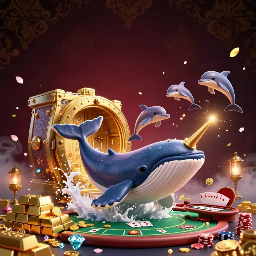 Whale captain and narwhal burst through coins as treasure and poker elements glow behind them