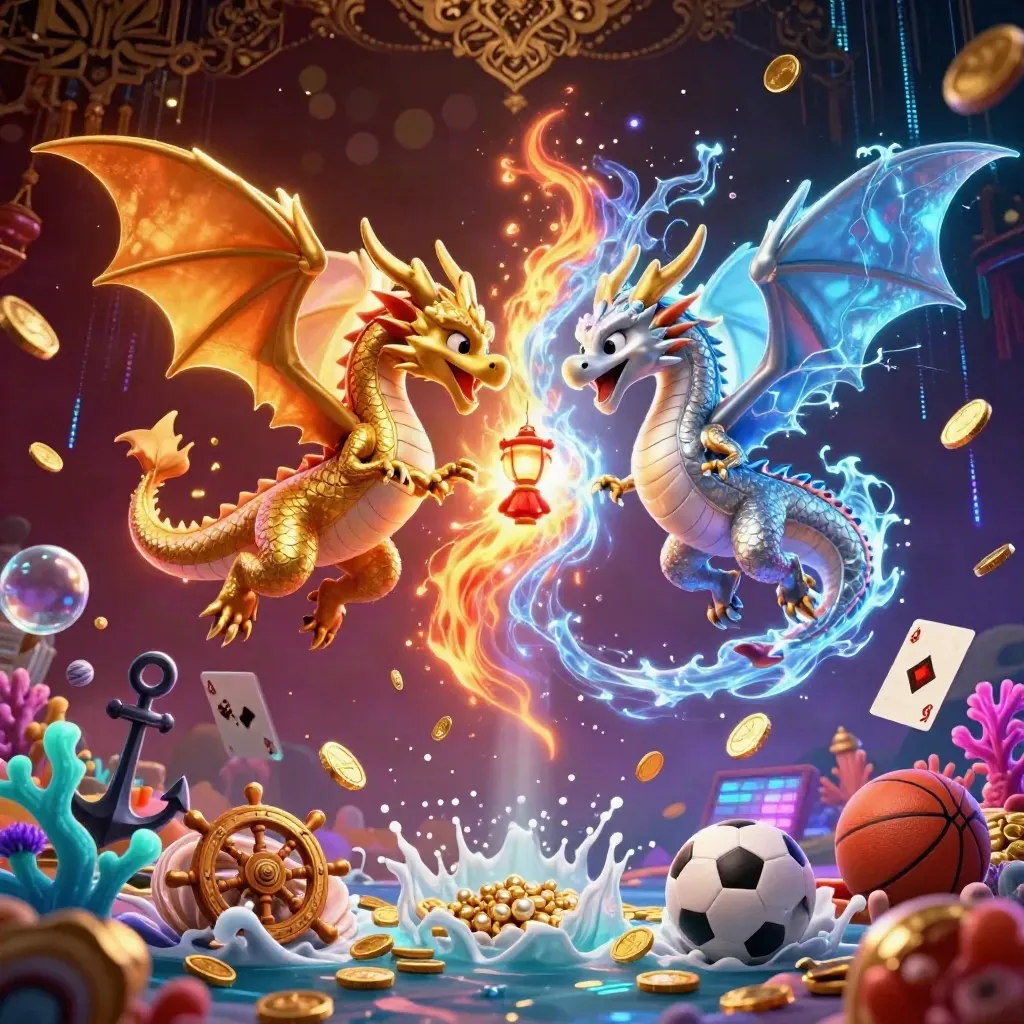 Twin gold and silver dragons spiral around a lantern spirit amid treasure, cards, balls, and neon sparks.
