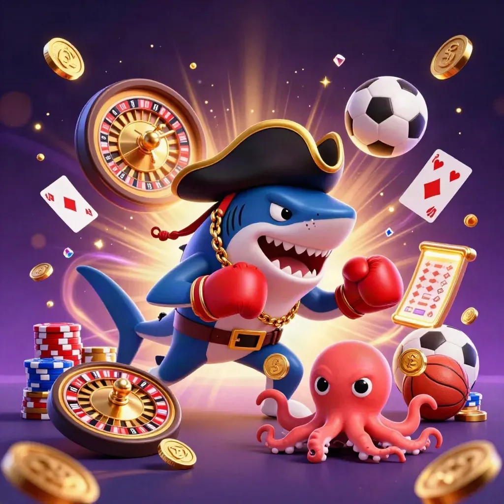 Pirate shark, pufferfish, and octopus amid coins, cards, chips, and neon casino glow