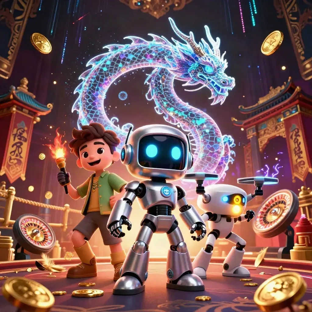 Cyberpunk robot, holographic dragon and coin drone in a luxe neon casino temple scene.