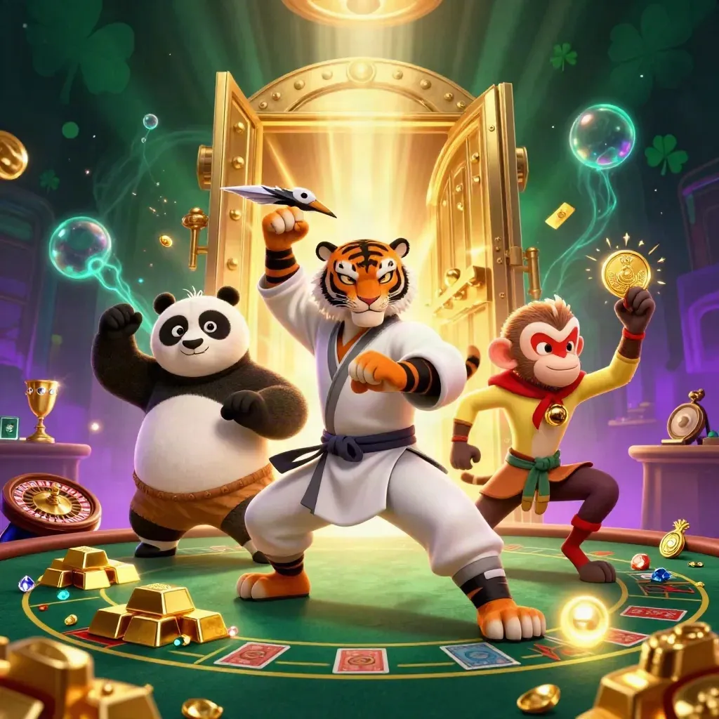 Kung-fu tiger, panda, and monkey in a glowing casino vault scene with gold and gems