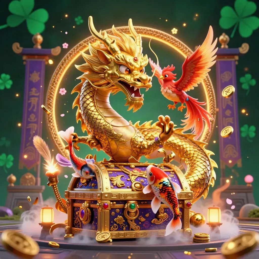 Golden dragon, phoenix, and koi amid treasure in a neon temple casino scene.