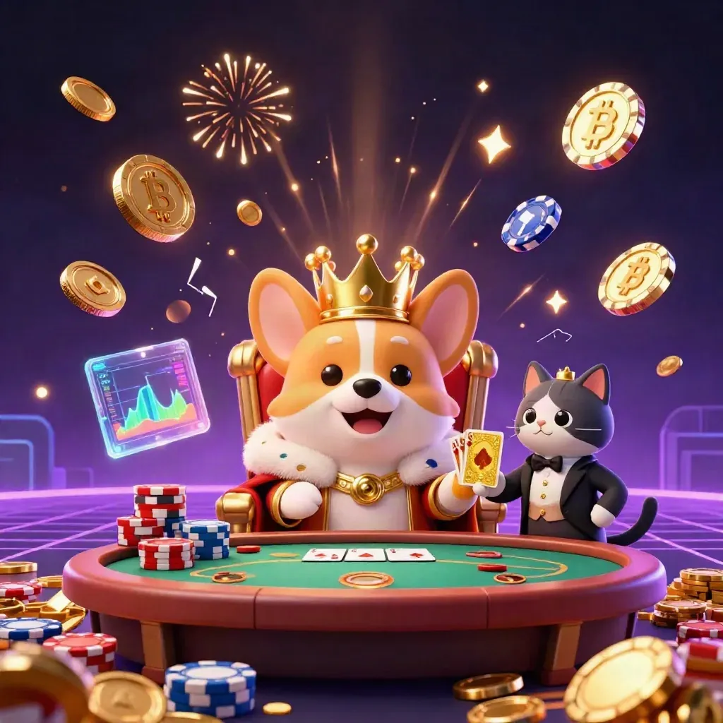 Royal corgi and cat butler amid poker chips, crypto coins, fireworks, and treasure burst