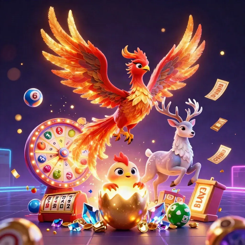 Phoenix, baby phoenix, and crystal stag amid casino treasure explosions on a dark neon grid backdrop.
