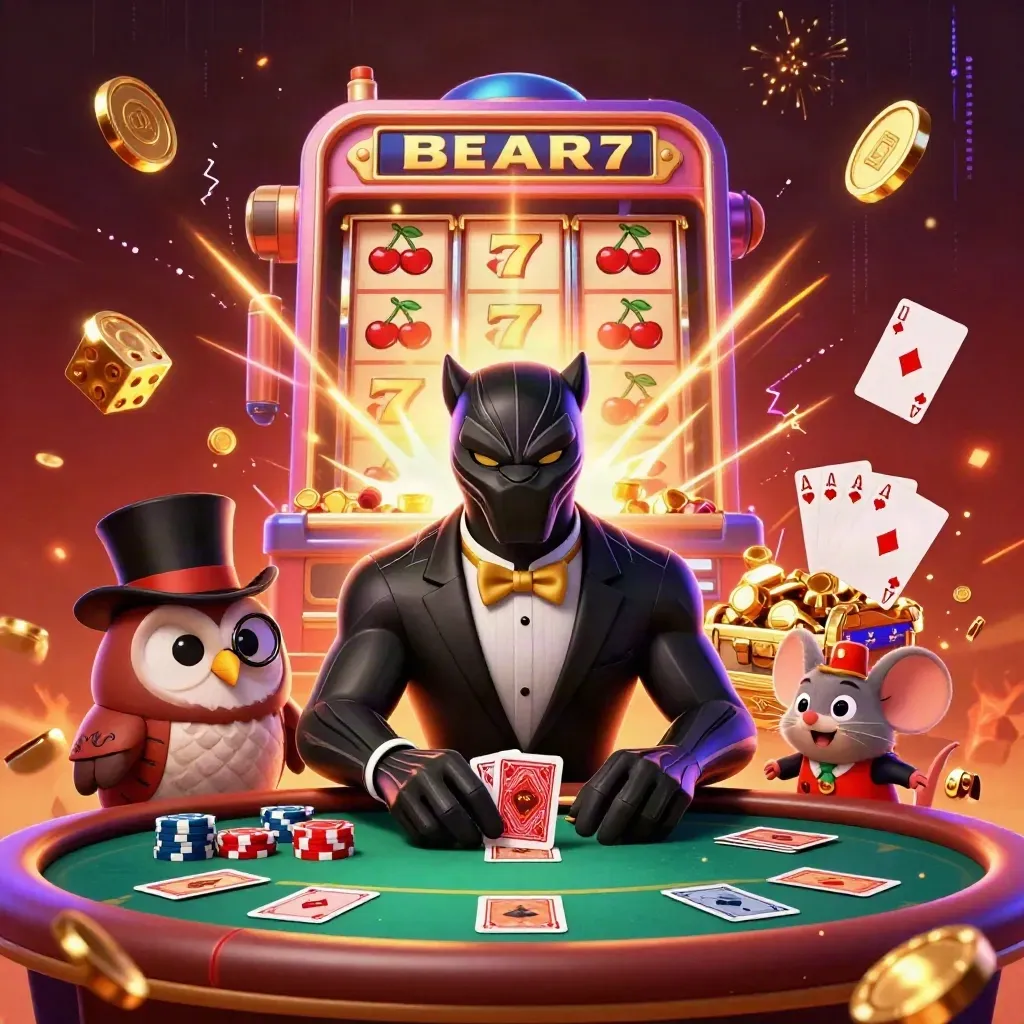 Panther, owl, and mouse amid a bursting slot machine, gold coins, chips, and fireworks.