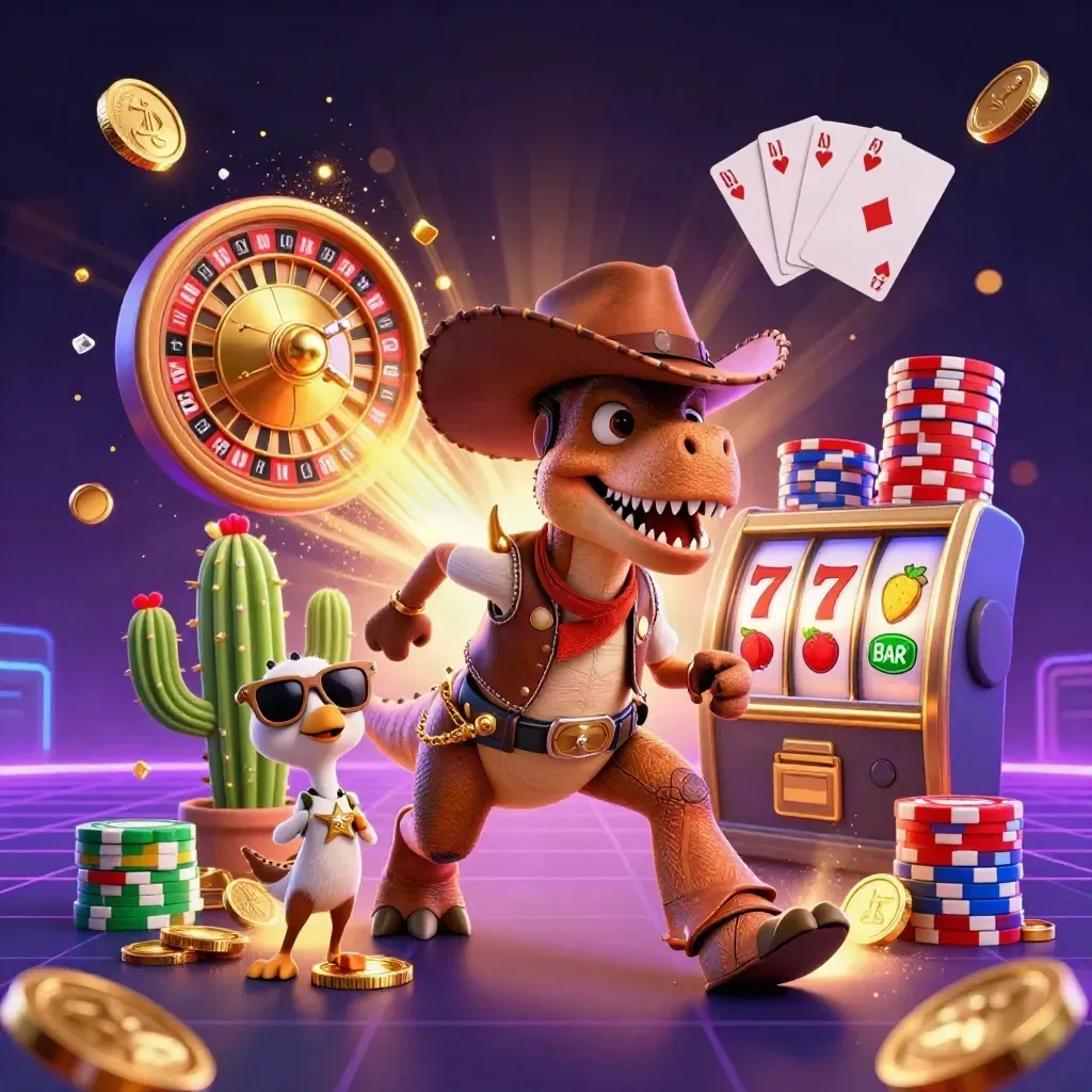 Cowboy T-Rex, cactus sidekick, and sheriff roadrunner amid chips, coins, roulette wheel