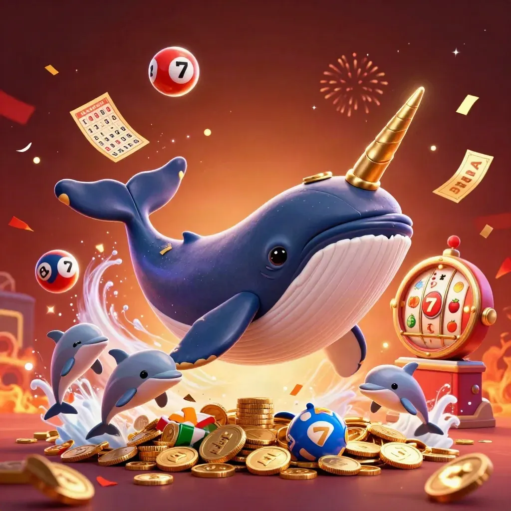 Whale captain, narwhal, and dolphins amid casino coins, lottery balls, wheels, and fireworks