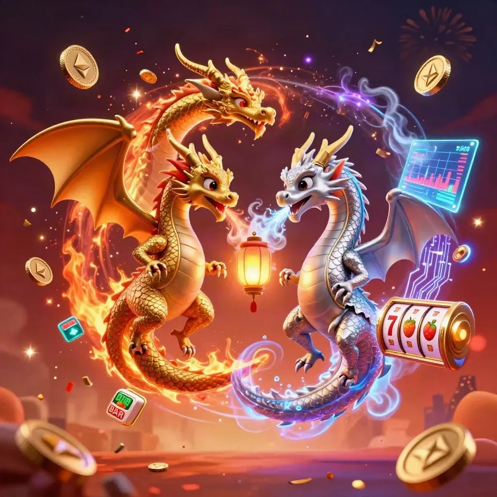 Gold and silver dragons spiral in fire and ice, surrounded by casino coins, reels, sparks, and neon energy.