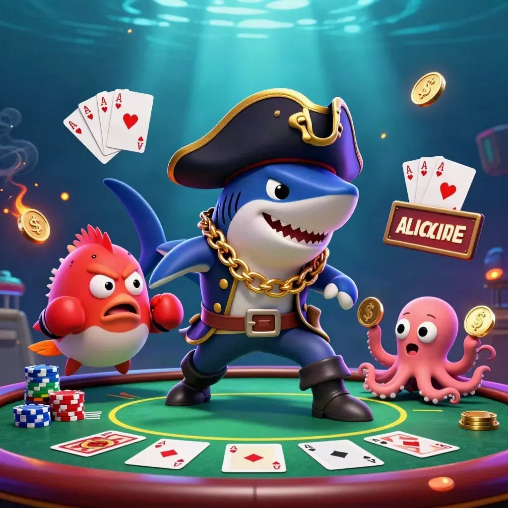 Shark pirate, pufferfish boxer and coin-juggling octopus amid poker chips and glowing casino treasure