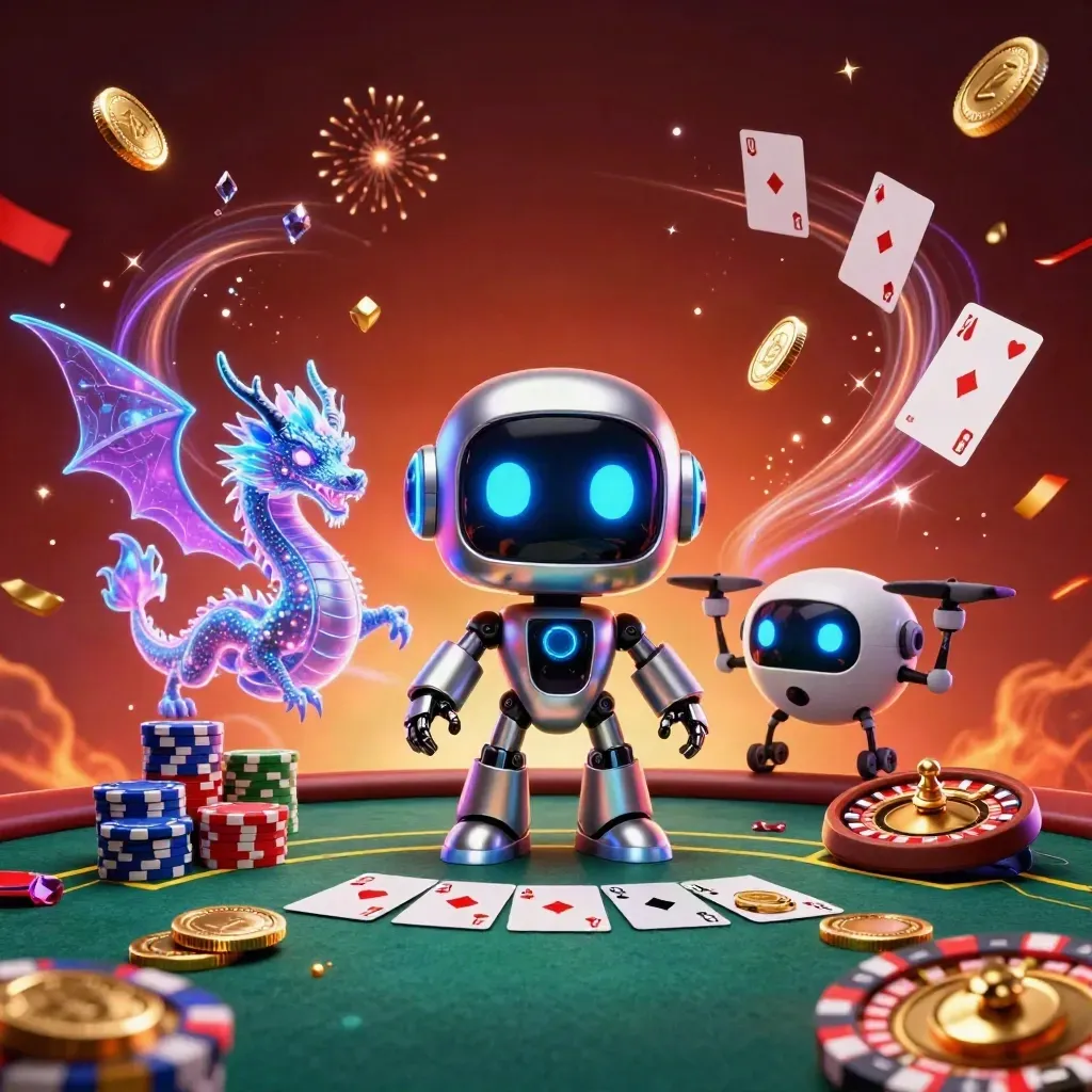 Cyberpunk robot, holographic dragon and coin drone over poker table with chips, cards and glowing gold.