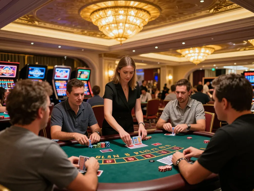 Experience dynamic gameplay at trang chủ ww88 with players engaged at an upscale blackjack table in a vibrant casino