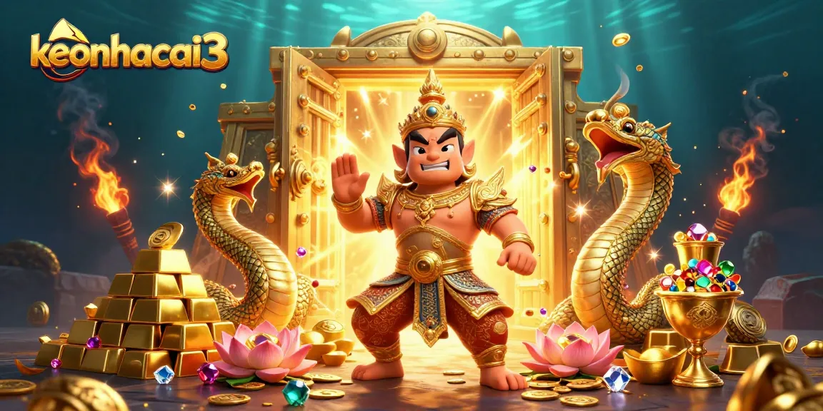 Bet on keonhacai3 with vibrant treasures and captivating guardians in a dazzling 3D scene.