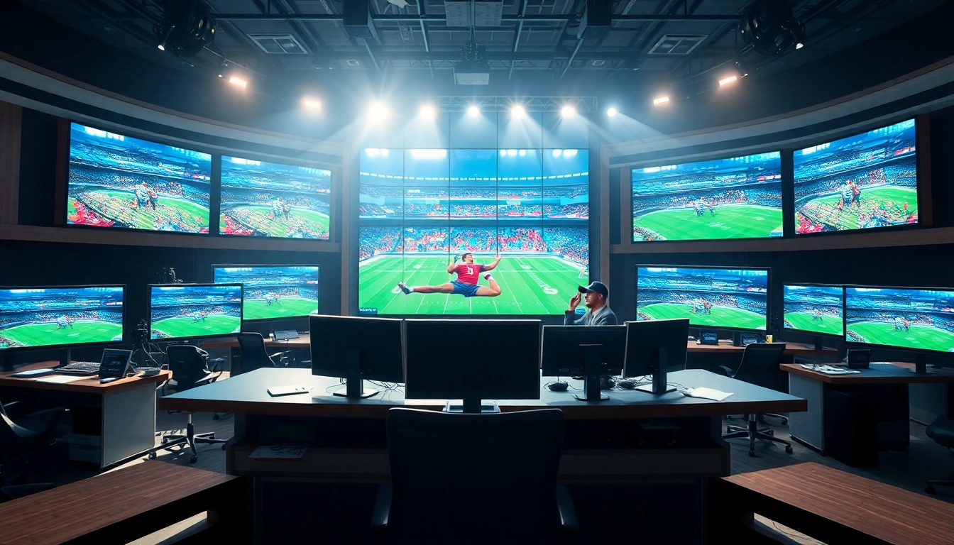 Engaging setup of sports broadcasting showcases dynamic hosts and vibrant graphics.