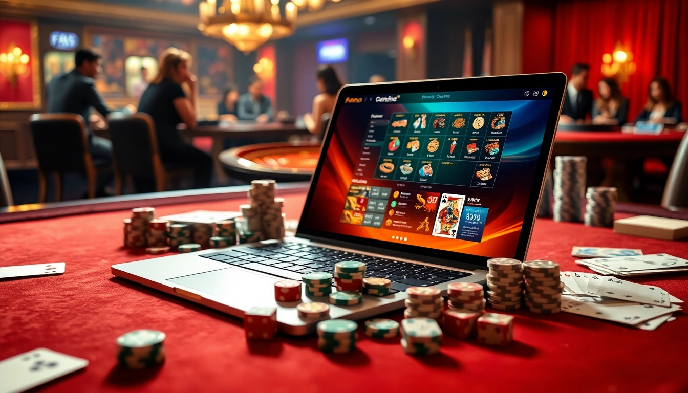 Exciting online gambling scene showcasing 68 game bài elements with poker chips and dice.