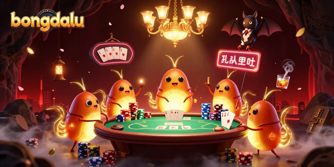 Bongdalu glowworms illuminate a cave casino with vibrant gaming elements and a bat dealer.