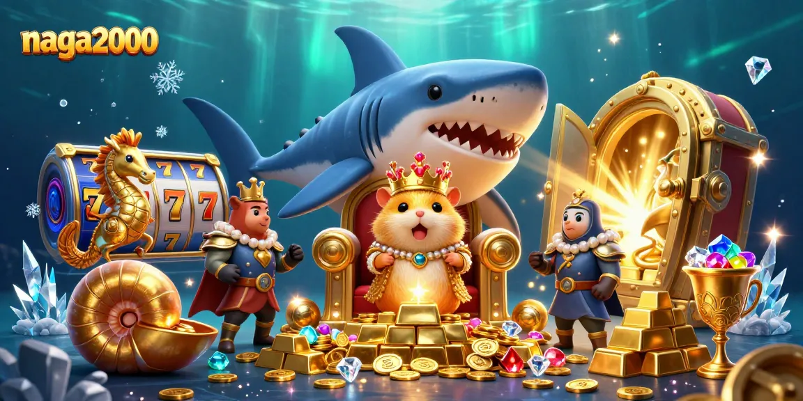 Naga2000 menampilkan raja hamster berani di tahta gigi hiu dengan slot dan harta karun bersinar.