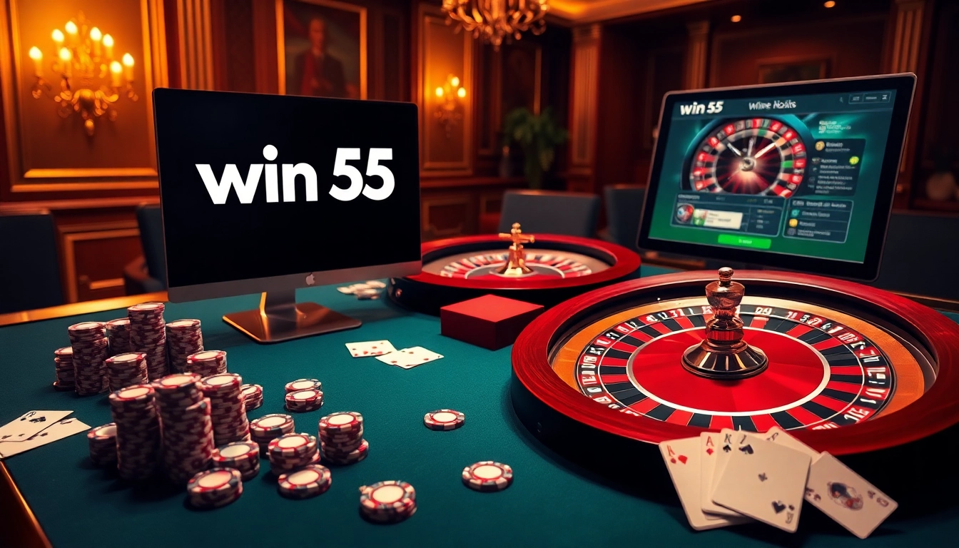 Experience thrilling online gambling with win 55, showcasing vibrant casino elements.