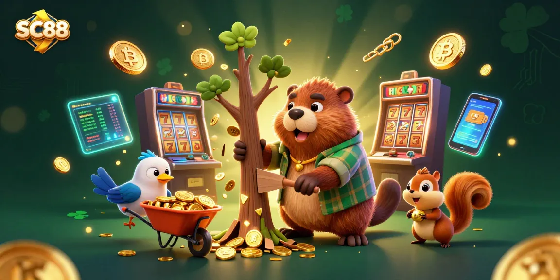 Spin and win with SC88, where cartoon beavers and coins unite in this vibrant casino scene.