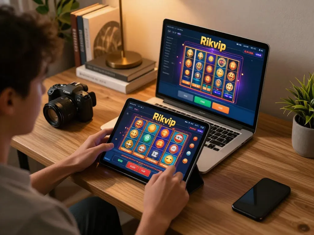 Engaging in responsible online gaming at Rikvip with a tablet, surrounded by a cozy home environment.