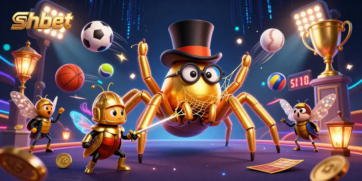 shbet showcases a thrilling casino scene with a golden tarantula and beetle knight amidst dynamic sports elements.