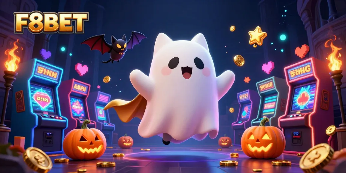F8BET offers thrilling experiences with ghostly characters and vibrant casino elements in a dynamic scene.