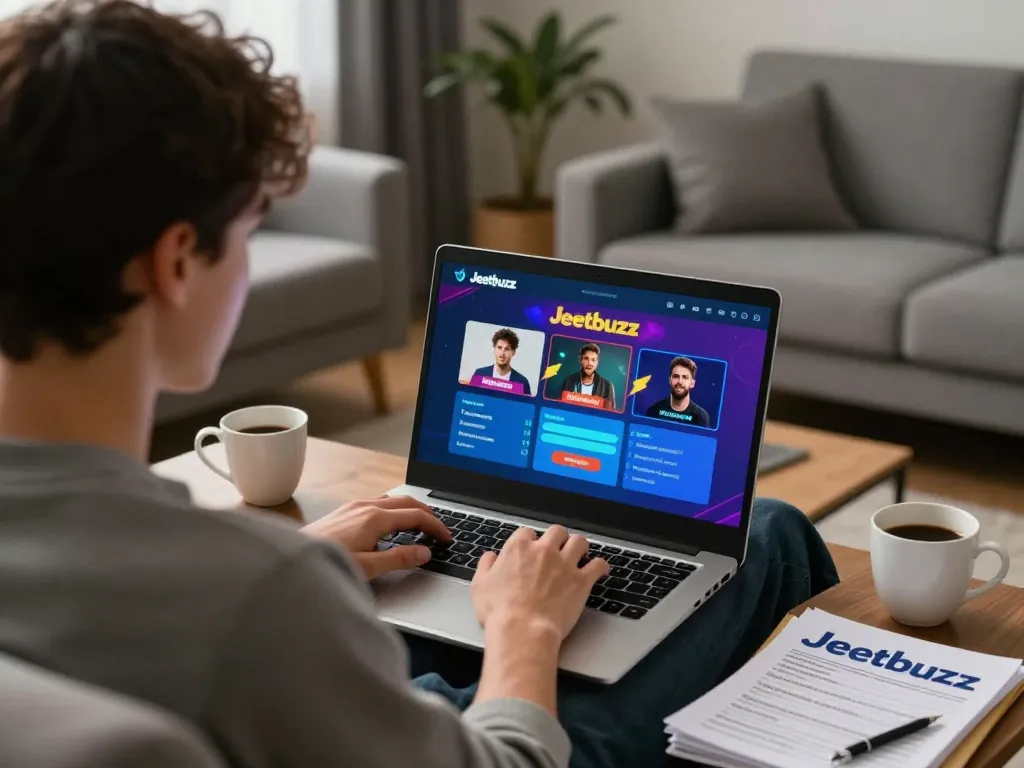 Player enjoying online betting on Jeetbuzz in a comfortable home environment, surrounded by strategy notes and a laptop.