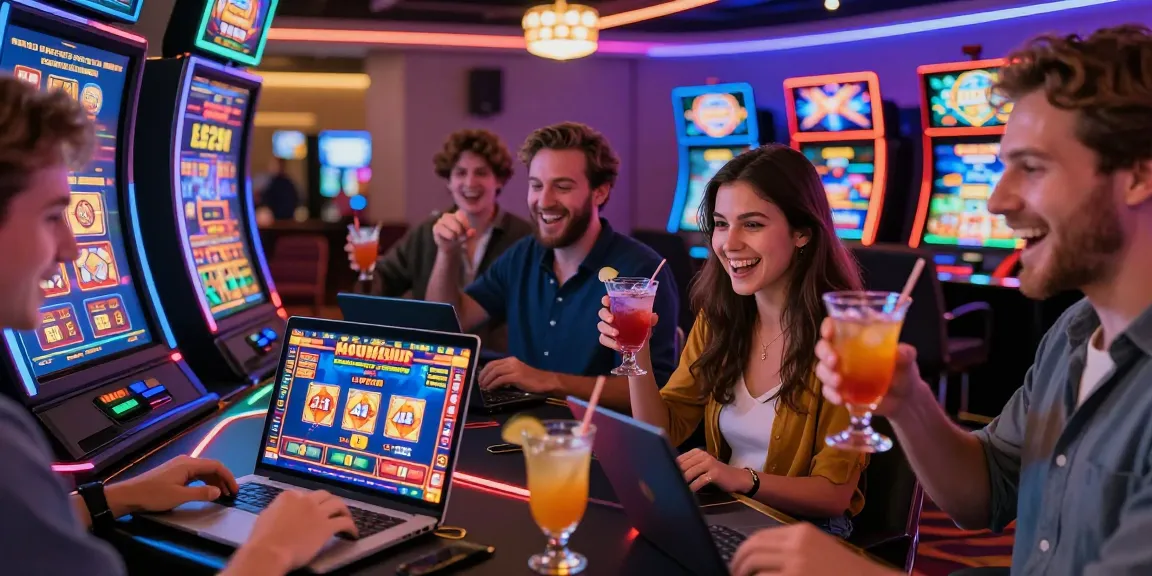 Players engaging with bonus buy slots games in a vibrant online casino atmosphere, celebrating exciting wins.