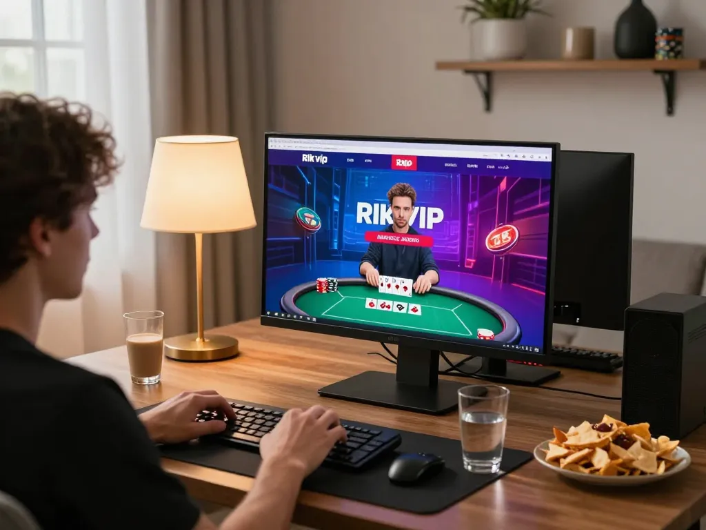 Engaging with Rik vip's poker game on a stylish desktop in a cozy home setting.