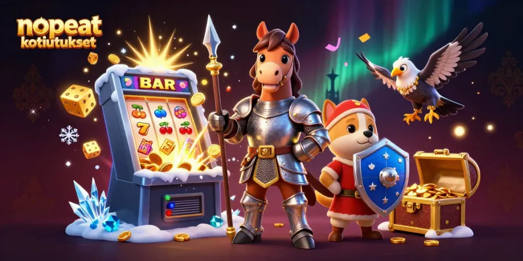 Nopeat kotiutukset esittävä 3D-casinoilustratio ritarihevosesta, pennusta ja ketusta.
