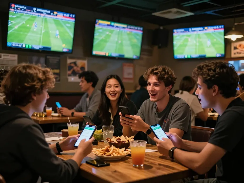 Soi kèo enthusiasts strategizing bets in a lively sports bar during a match.