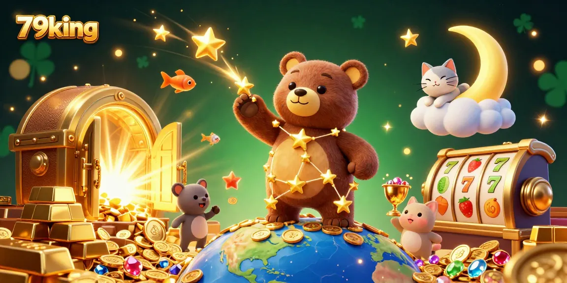 Engage with the exciting world of 79king as the constellation bear scoops coins amidst vibrant casino elements.