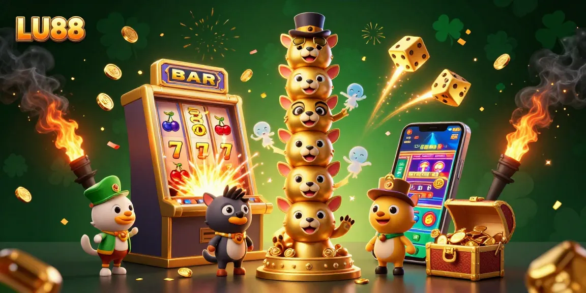 LU88 casino gaming scene with a lively totem pole, slot machines, and golden treasures.