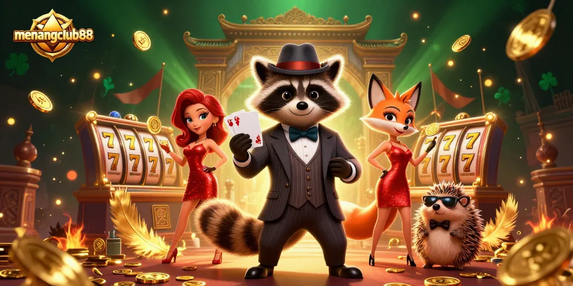 Experience the excitement at menangclub88 with a suave raccoon and elegant fox lady in a vibrant casino scene.