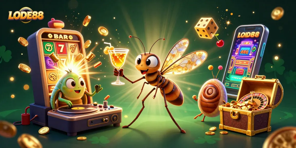 Spin your luck with LODE88 as a vibrant casino scene brings animated characters to life.