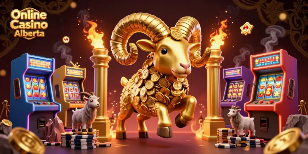 Engage with Online Casino Alberta's vibrant gaming scene featuring dynamic gold-themed casino characters and slot elements.