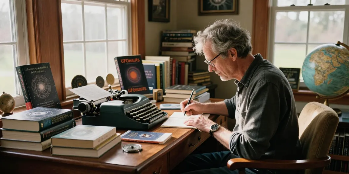 T Allen Greenfield writing in his library about UFOnauts at https://tallengreenfield.com, surrounded by spiritual books and decor.