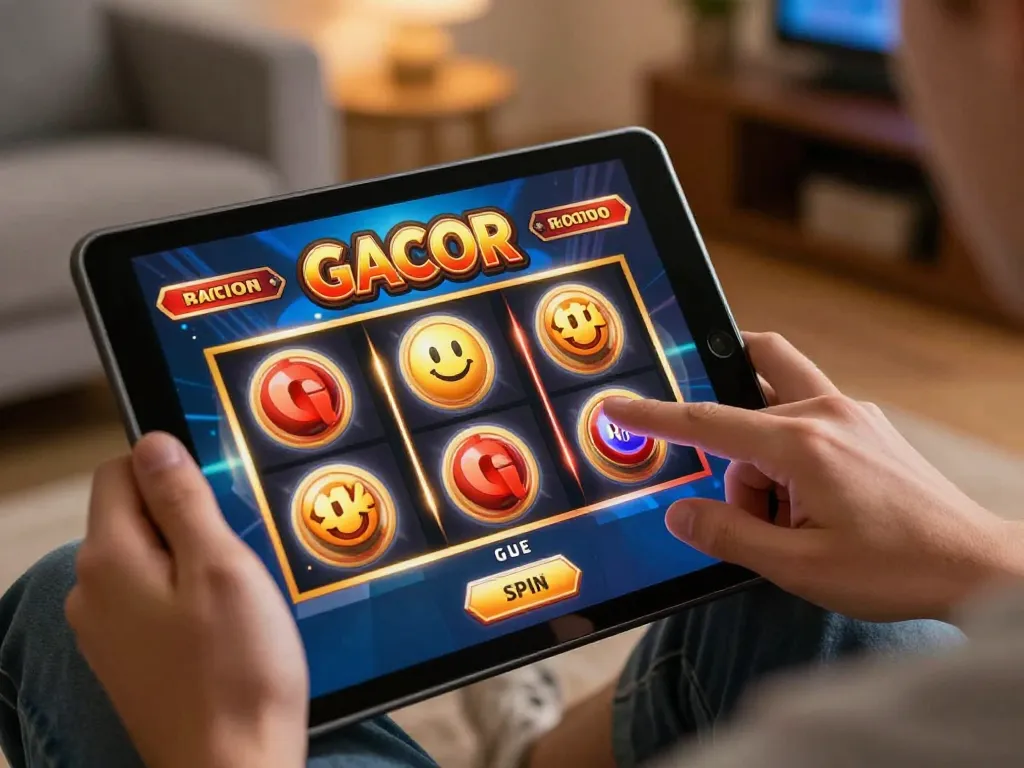 A player enjoying the excitement of slot gacor gaming on a tablet, showcasing engagement and interaction.