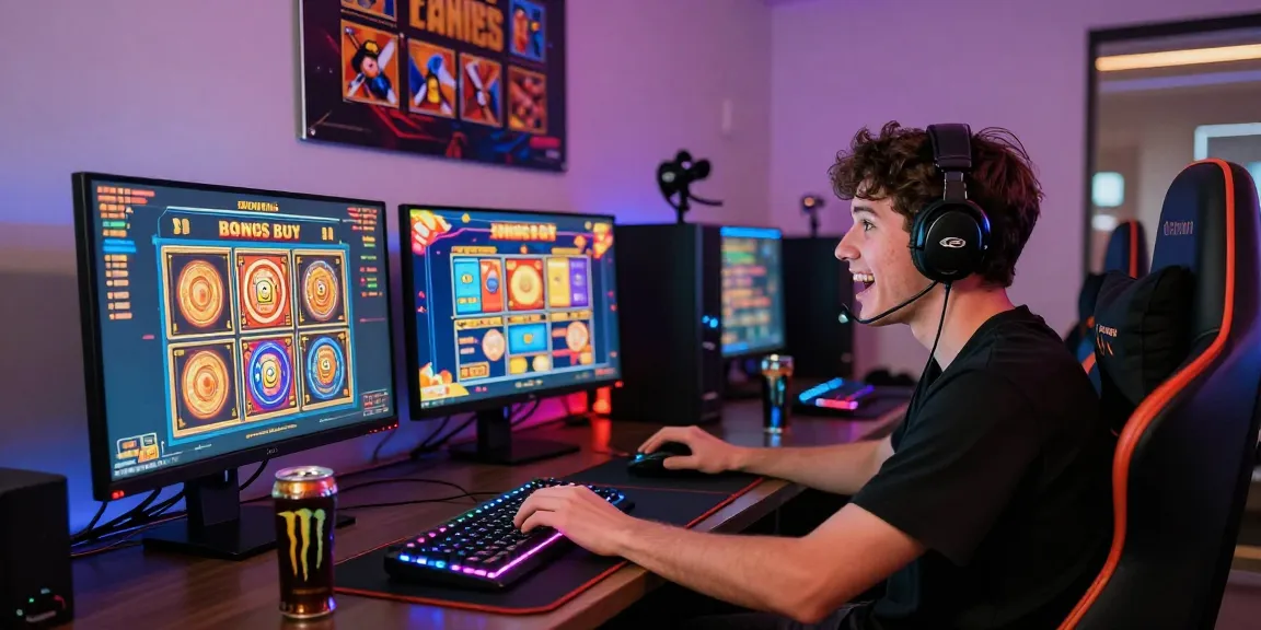 Player excitedly playing bonus buy slots at a vibrant computer setup with multiple monitors