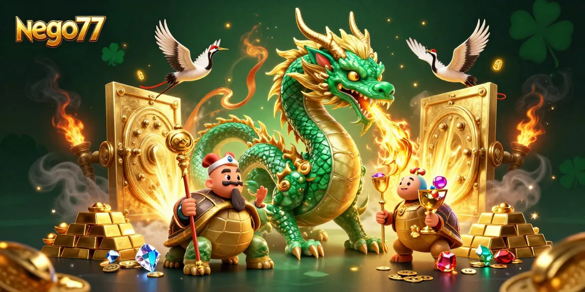 Experience the excitement of nego77 with a majestic jade dragon and treasures in a vibrant casino scene.
