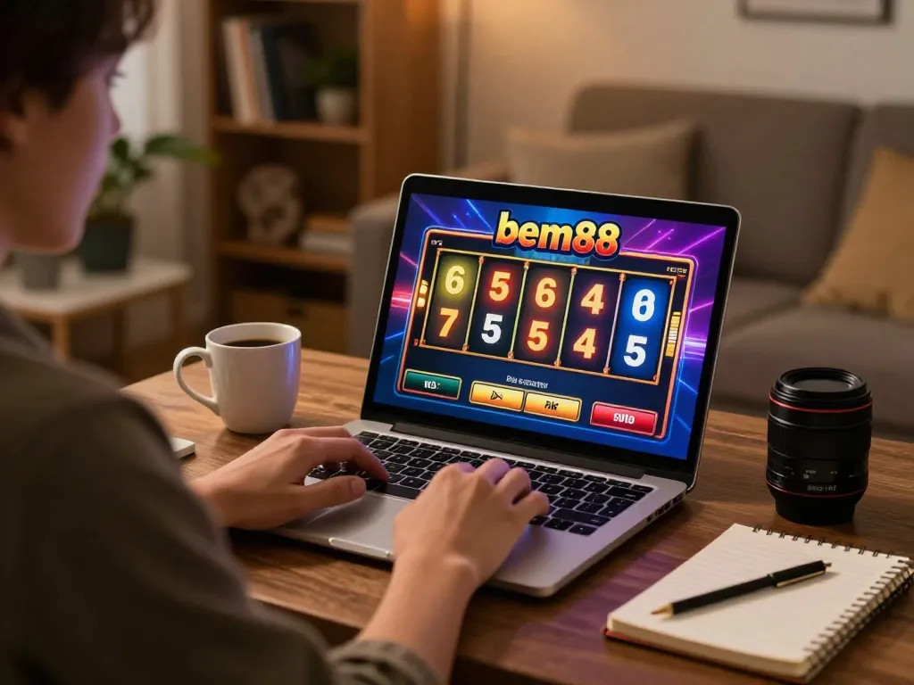 Enjoying a vibrant bem88 online slots game from a cozy home setup with strategic tools.