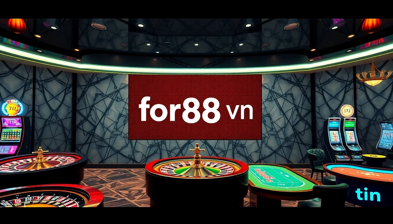Experience thrilling games at for88 vn with a luxurious casino setup featuring happy players and vibrant tables.