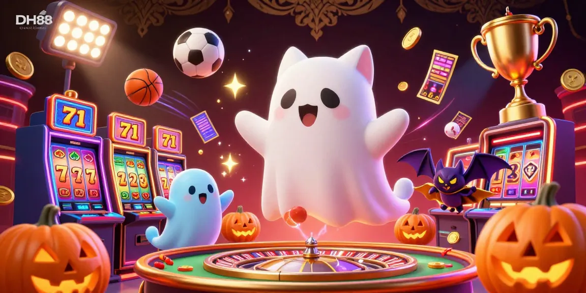 Experience thrilling gaming at DH88 with lively characters in a vibrant casino scene featuring slots and sports balls.