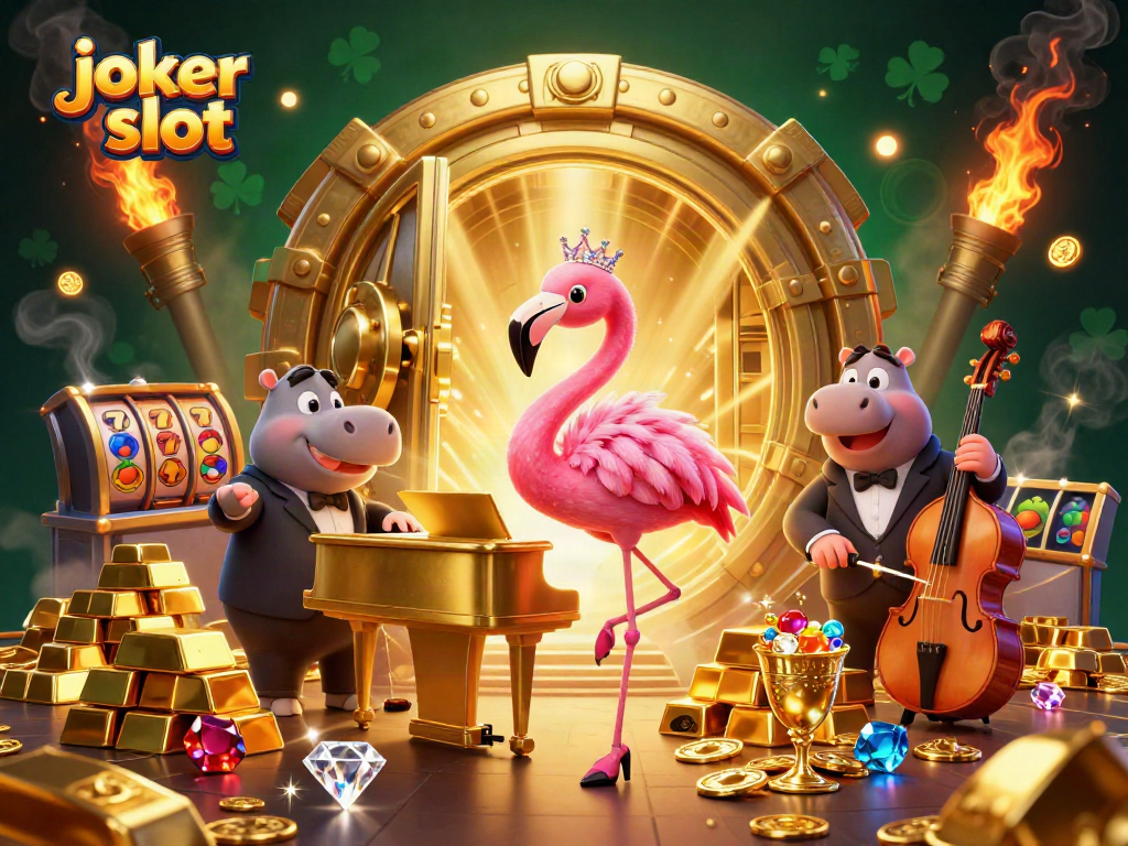 Menampilkan simbol joker slot dengan gambar karakter flamingo penyanyi kasino dan hippo dengan gaya mewah di dunia kasino