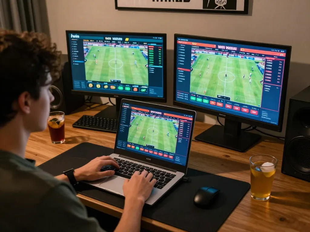 An engaged user placing a bet with Iwin on a laptop during live sports events for an immersive experience