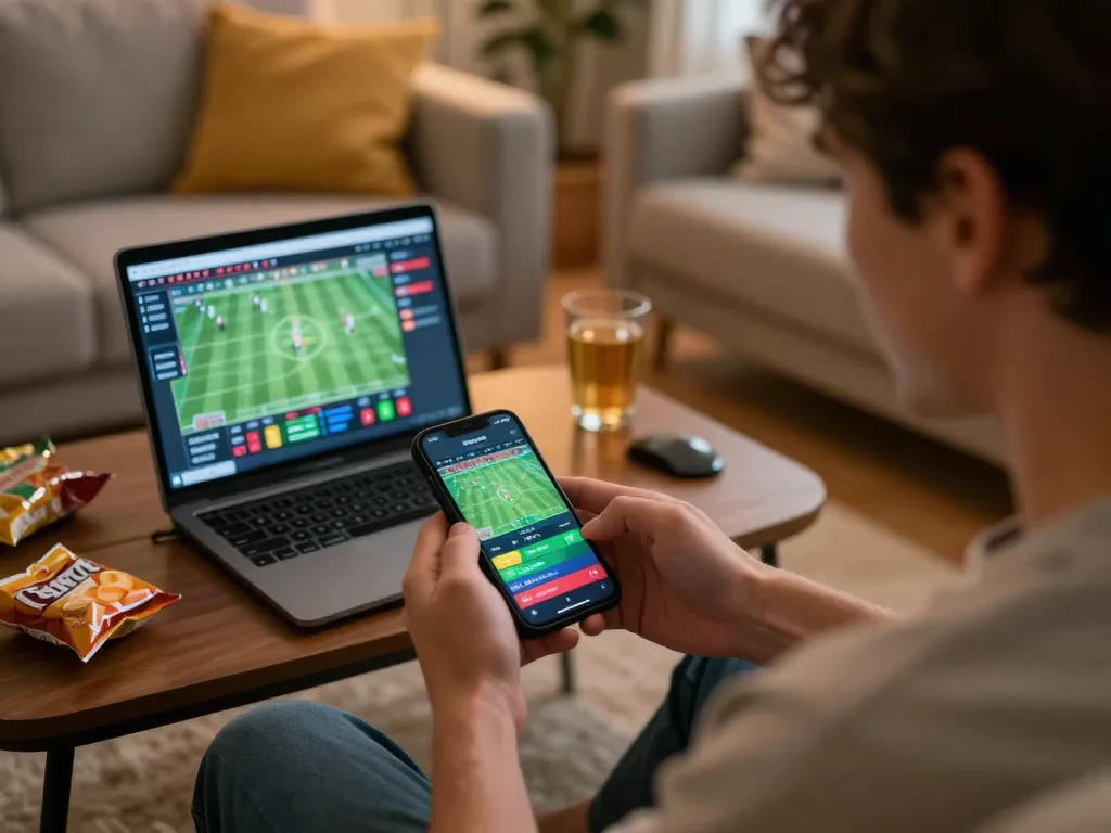 Person excitedly engaging with sports betting app at home while analyzing live odds on https://goal123.ac/.