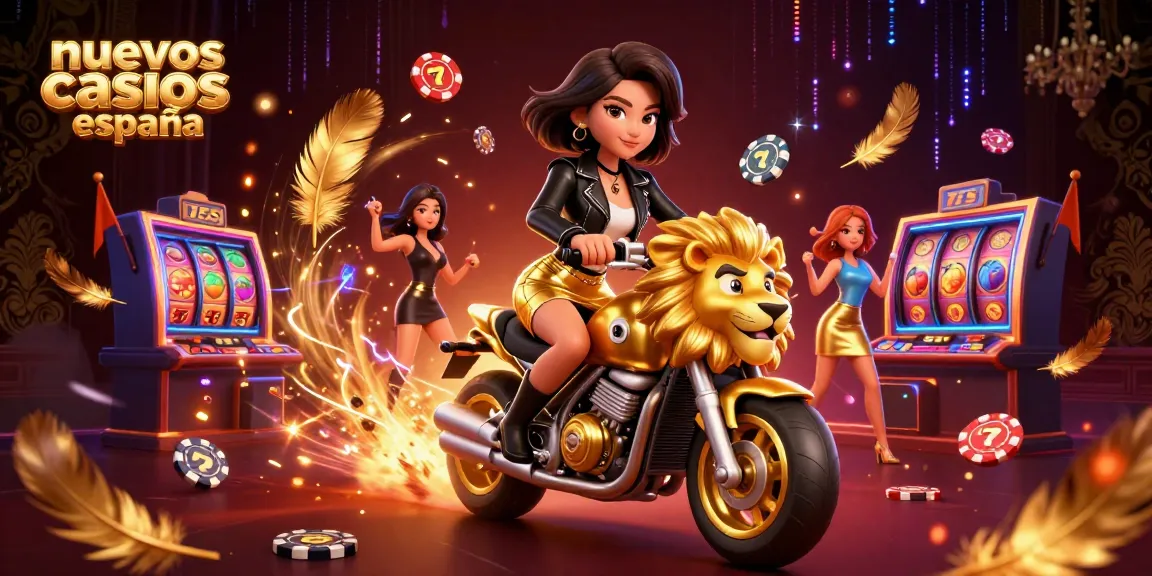 Engage with nuevos casinos online españa showcasing a glamorous woman on a golden lion mascot amidst dynamic gambling elements.