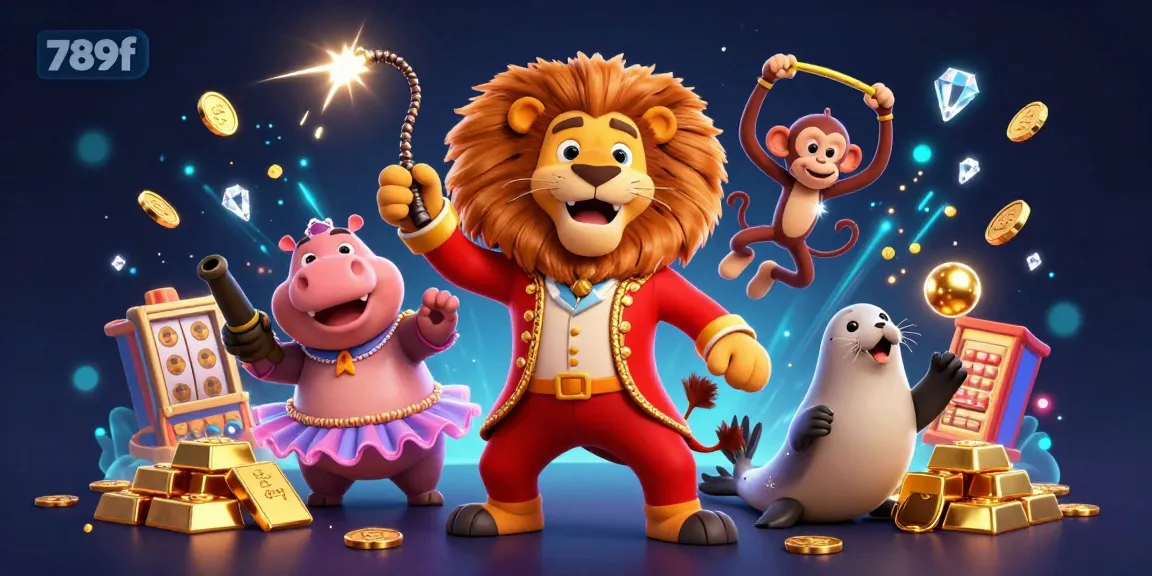 Experience the excitement of 789f's thrilling casino gaming scene with playful animated characters against dazzling treasure.