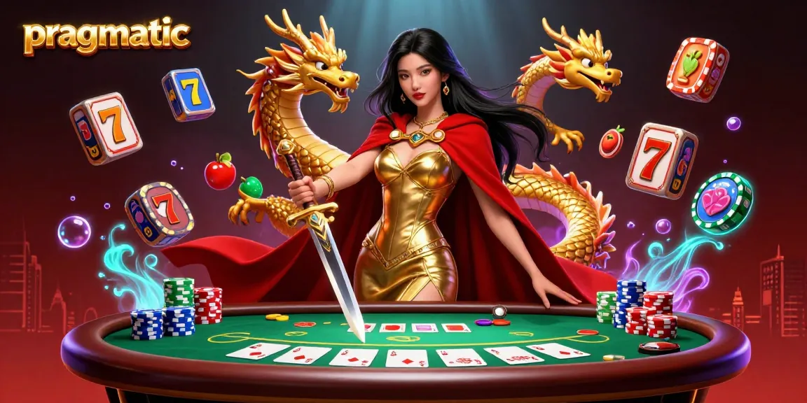Spin the pragmatic slot reels with a warrior queen and vibrant symbols amidst a dynamic casino atmosphere.
